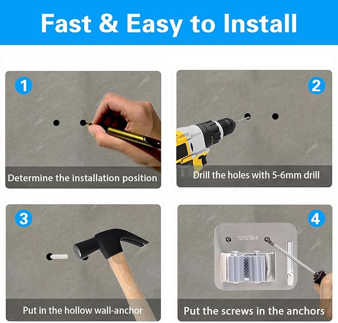 5 Pack Mop Broom Holder Wall Mount Screw Drilling, Stainless Steel Heavy Duty Organizer Hanger Tool Rack for Bathroom Kitchen Garage Laundry Office, Silver