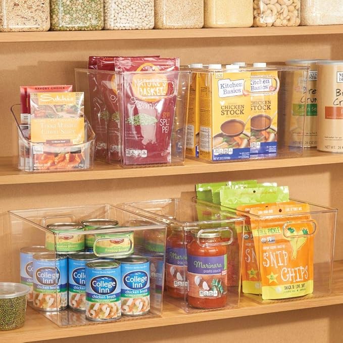 mDesign Plastic Modern Kitchen, Pantry Food Storage Container Bin w/ Handles - Cabinet, Fridge/Freezer, Countertop Organizer - Snacks/Drink/Appliances; Ligne Collection, Clear, 10x6.5x7.75 (Pack of 1)