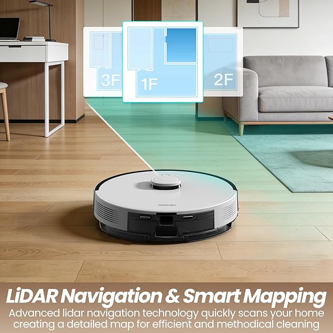 AIRROBO T30+ Robot Vacuum and Mop, 75-Day Self-Emptying, 12,000Pa Suction, Active Intelligent Obstacle Avoidance, Tangle-Free Brush, Carpet Avoidance, LiDAR Navigation, Smart Mapping, White