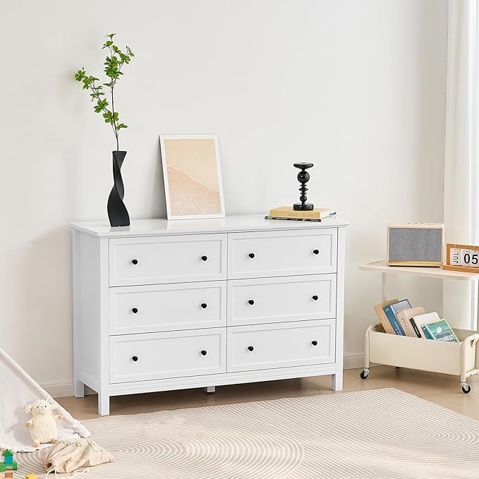 VEVOR 6 Drawer White Dresser, Wood Dresser Chest of Drawers with Middle Sliding Leg, Closet Storage Clothes Organizer for Bedroom, Living Room, Hallway, Entryway, Wide Drawer with Metal Handles