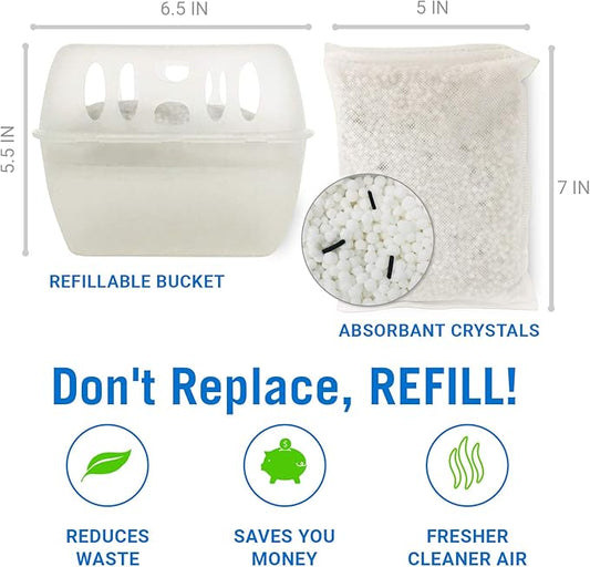 Refillable Moisture Absorber Bucket with Dehumidifier Refill Pack Moisture Absorbers for Closet Storage, Controls Water, Humidity, Odors, and for Basement, Home, Boat, Room, RV, and Car Use