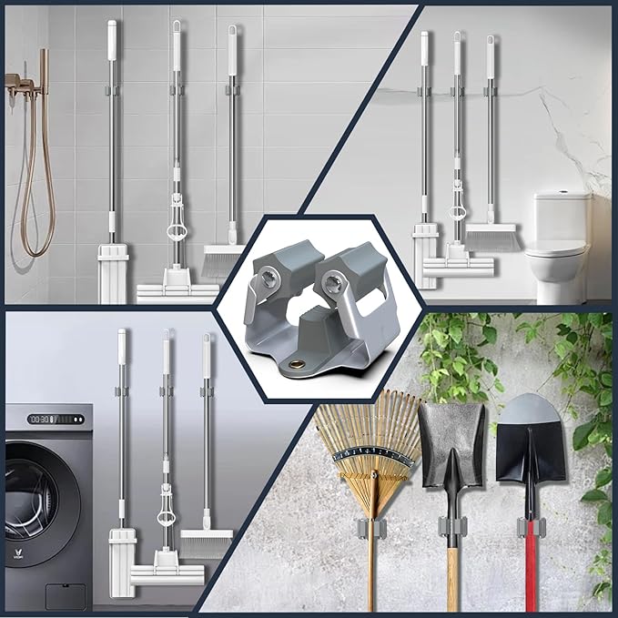3-H 15 Pack Mop and Broom Holder Big Size Hanging 1 KG Extra,Broom Hanger Wall Mount for Hanging and Organizing Shove Rake Yard Tools in Shed Kitchen Laundry Room Bathroom Garden(Grey)