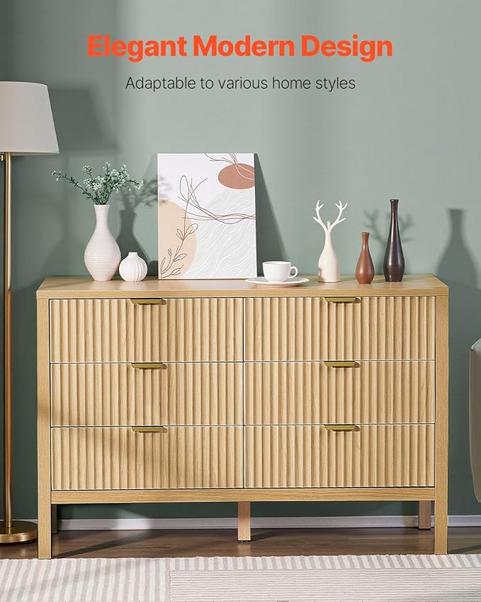 VEVOR Fluted Dresser with 6 Drawer, 47" Wide Chest of Drawers with Golden Metal Handle, Modern Closet Dresser TV Stand, Boho Wood Storage Organizer for Bedroom, Living Room, Hallway, Entryway, Natural