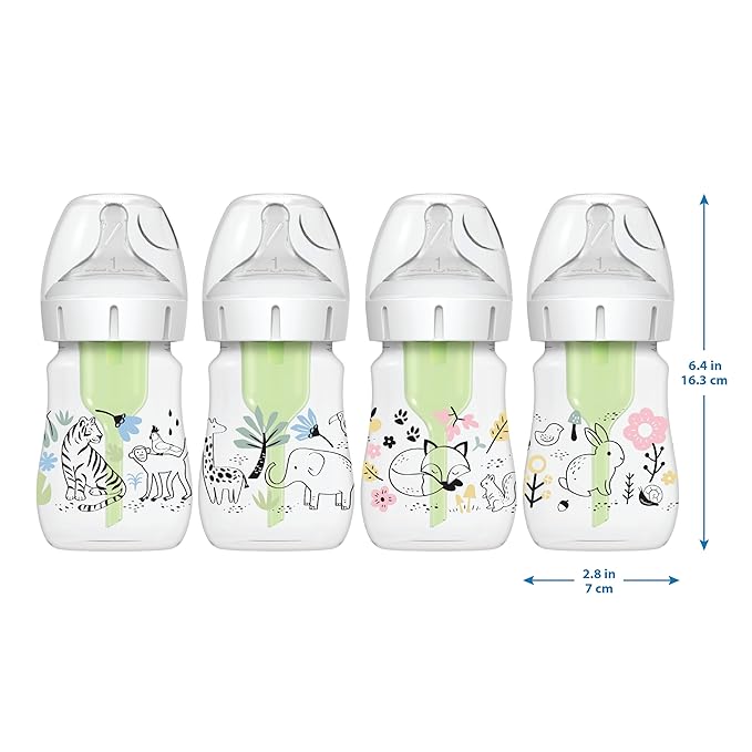 Dr. Brown's Anti-Colic Options+ Wide-Neck Baby Bottle Designer Edition Bottles, Woodland Decos, 5 oz/150 mL, Level 1 Nipple, 0m+, 2-Pack