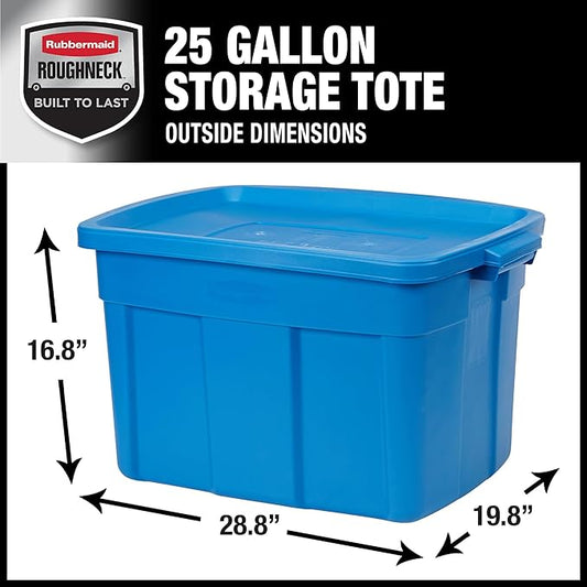 Rubbermaid Roughneck Tote 25 Gal, 4 Pack, Made in USA, Heritage Blue, Rugged Plastic Stackable Storage Bins with Lids and Handles