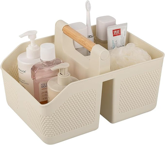 rejomiik Shower Caddy Portable with Bamboo Handle, Plastic Basket Cleaning Caddy Organizer Storage Tote for Bathroom, College, Dorm Room Essentials, Cream