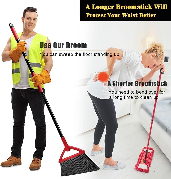 Heavy Duty Broom Outdoor and Indoor, 2 Pack Upgraded Commercial Angle Brooms, Perfect Red Broom of House, Kitchen, Garage, Courtyard
