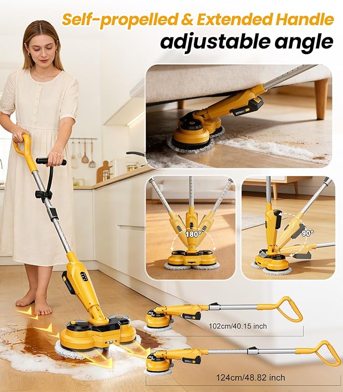 qimedo 6000mAh Battery Cordless Electric Mop M3, 800RPM Electric Power Scrubber & Mops for Floor Cleaning, Automatic Spin Mops with Smart Display,Rotating Mop with LED Light & Water Spray