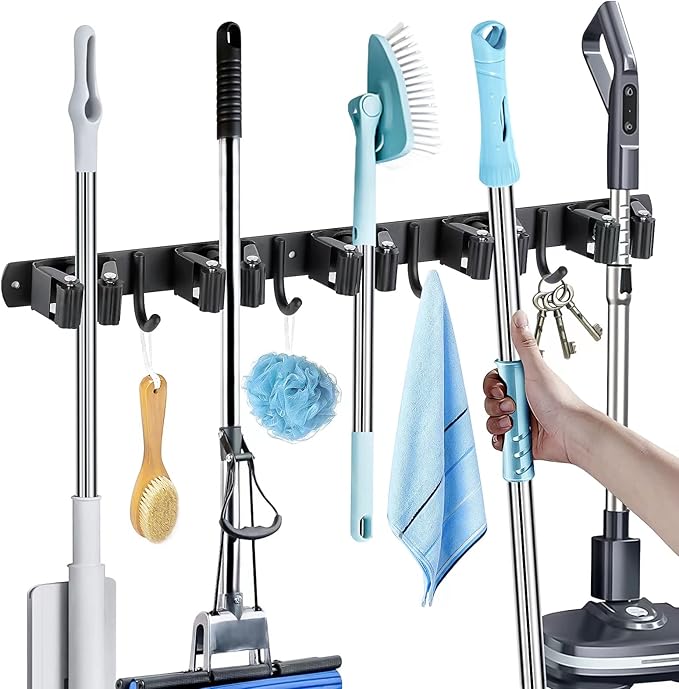 Broom Holder Wall Mount, Broom Organizer Wall Mount Stainless Steel Mop and Broom Holder Wall Mounted Heavy Duty Broom Hanger Storage Rack 5 Rack 4 Hooks Black