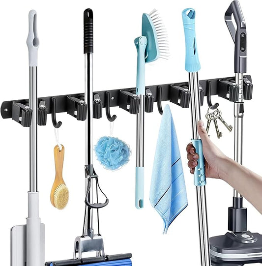 Broom Holder Wall Mount, Broom Organizer Wall Mount Stainless Steel Mop and Broom Holder Wall Mounted Heavy Duty Broom Hanger Storage Rack 5 Rack 4 Hooks Black