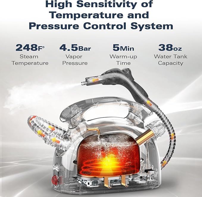 Steam cleaner, complete with 21 accessories, 248 °F high temperature, 1.1 l water tank, suitable for cleaning ovens, carpets, sofas, upholstery, toys and smooth floors.