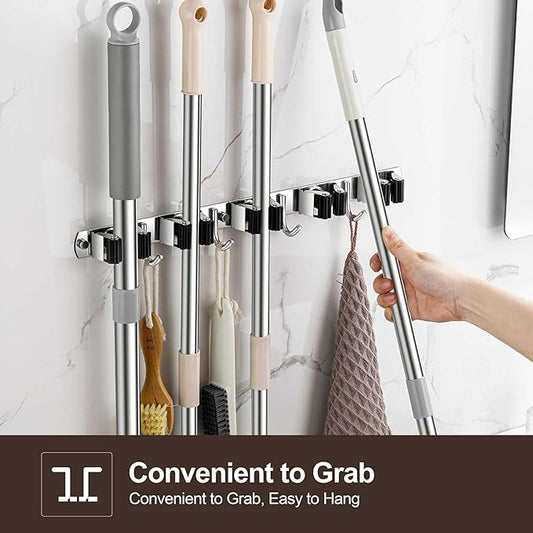 Broom Holder Wall Mount, Stainless Steel Broom Hanger Wall Mount, Heavy Duty Mop and Broom Holder Tool Racks Utility Hooks for Laundry Room Garden Garage, Black (4 Racks and 5 Hooks)