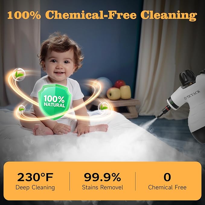 Steam Cleaner, Handheld Steam Cleaner for Home, 16-Piece Steam Cleaner Kit with Automatic Steam Switch, Steamer for Kitchen, Bathroom, Car, Living Room and Multi-Surface Deep Cleaning (White)