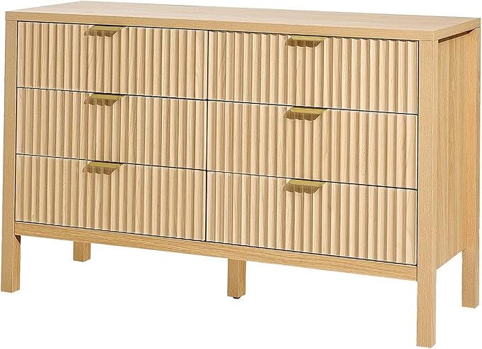 VEVOR Fluted Dresser with 6 Drawer, 47" Wide Chest of Drawers with Golden Metal Handle, Modern Closet Dresser TV Stand, Boho Wood Storage Organizer for Bedroom, Living Room, Hallway, Entryway, Natural