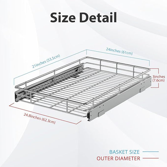 ZOINLIY Pull Out Cabinet Organizer, Versatile Slide Out Kitchen Organizers and Storage,Heavy Duty Drawer Cupboard Storage Basket, Smooth Sliding, Chrome Finish (24.8 * 21inch)