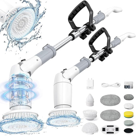 Electric Spin Scrubber, Cordless Cleaning Brush Shower Scrubber Up to 550 RPM with 9 Replaceable Brush Heads, Bathroom Scrubber Adjustable Extension Handle for Cleaning Bathroom Kitchen(Grey)