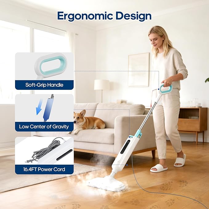NEWBULIG Steam Mop for Hardwood/Tile/Carpet, Lightweight Steamer Cleaner for Floor Cleaning, 16.4 FT Cord and 2 Washable Pads