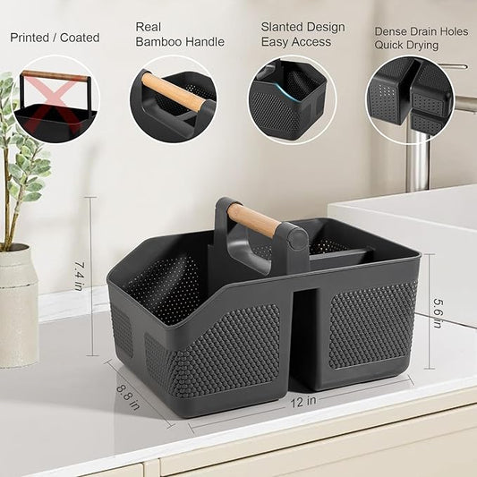 rejomiik Shower Caddy Portable with Bamboo Handle, Plastic Basket Cleaning Caddy Organizer Storage Tote for Bathroom, College, Dorm Room Essentials, Dark Gray