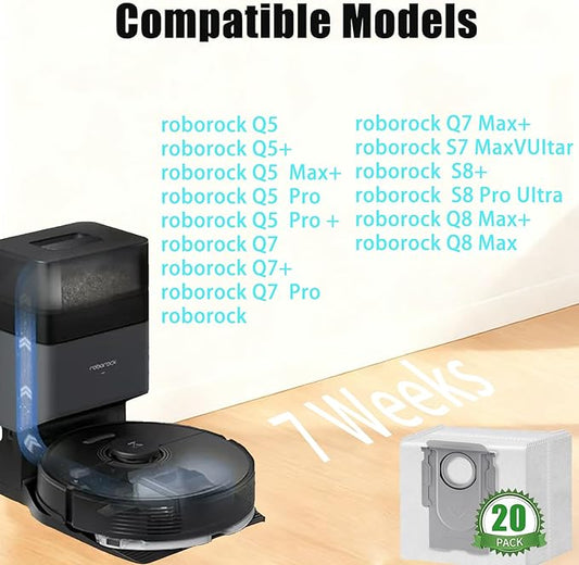 20 Packs Q8 Q7 Q5 Bag Replacement for roborock Q5 Q5+ Q7 Q7+ Q7 Max Q7 Max+ Q8 Max+ S7 MaxV Ultra S8+ S8 Pro Ultra Robot Vacuum Cleaner,Q5 bags:3L Large Capacity Disposable Bag Replacement