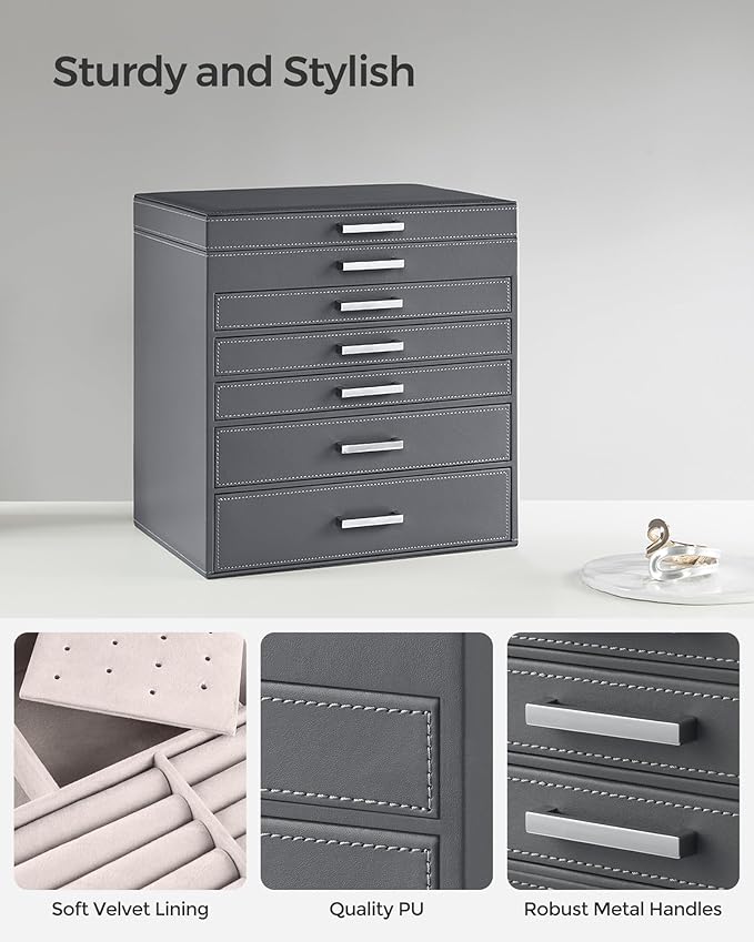 SONGMICS Jewelry Box, 6-Tier Jewelry Organizer, Large Jewelry Case with Big Mirror, 5 Drawers, Large Capacity, Jewelry Storage, Modern Style, Gift for Loved Ones, Gray UJBC138G01