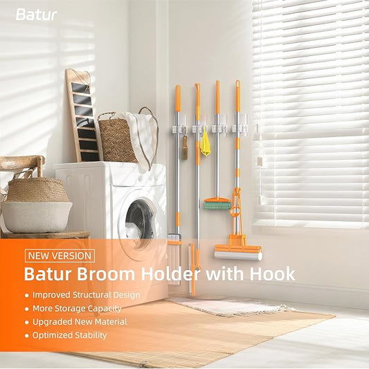 Batur Broom Holder Wall Mount, 4 Pack New Version Adhesive Mop and Broom Holder Wall Mount, Super Anti-Slip Broom Hanger Mop Organizer Wall Hanging for Bathroom, Kitchen, Laundry Room