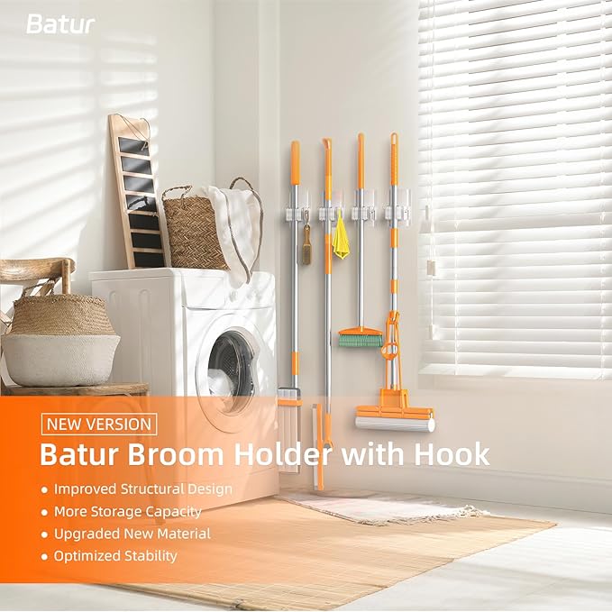 8 PackBroom Holder Wall Mount, New Version Adhesive Mop and Broom Holder Wall Mount, Super Anti-Slip Broom Hanger Mop Organizer Wall Hanging for Bathroom, Kitchen, Laundry Room