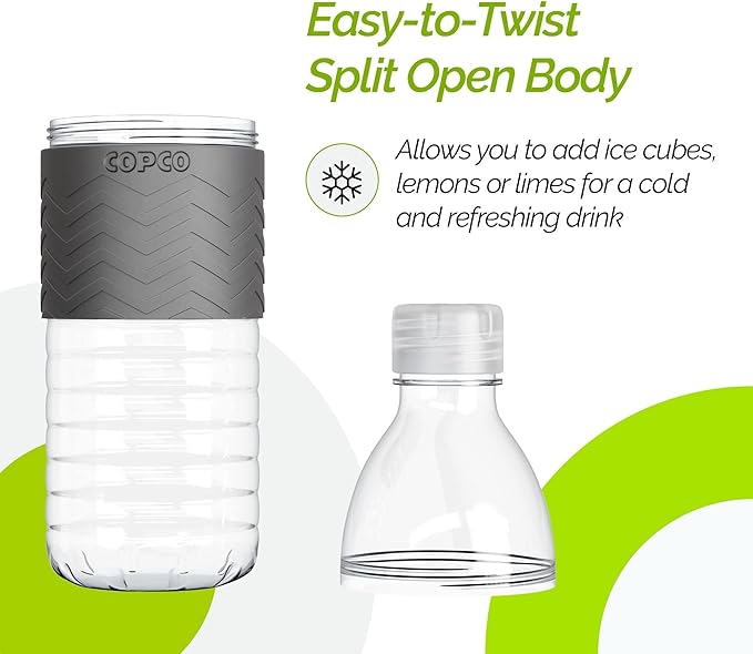 Copco Hydra Water Bottle with Spill-Resistant Lid, 16.9 oz (Set of 2) - Reusable Tritan Non-Slip Sleeve, Twist-Open Body - BPA-Free, Leak-Proof, Durable & Portable for Gym, Office, School (Gray)
