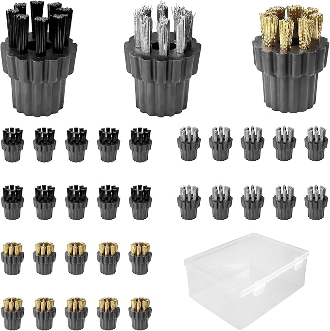 30Pcs Steam Cleaner Brush Head Attachments, M8 Steamer Mop Small Brushes Heads Replacement Accessories (Brass/Stainless Steel/Nylon Brushes)