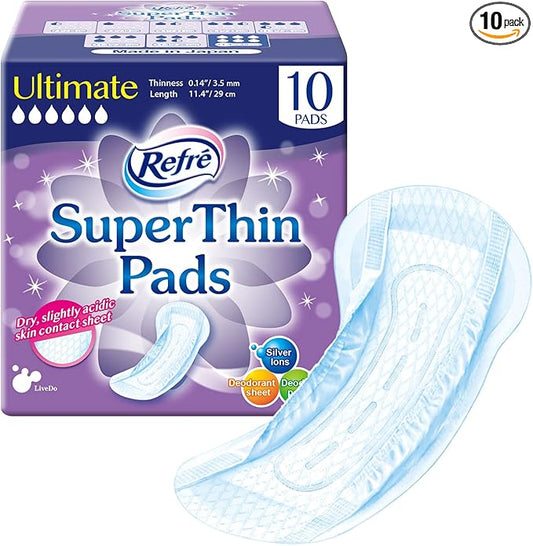 Refré SuperThin Pads Ultimate (300cc) - Unisex Disposable Bladder Control Pads - Ultra Absorbent & Odor Eliminating Adhesive Underwear Pads for Incontinence - Thinness 0.14" - Length 11.4" - 10 Ct