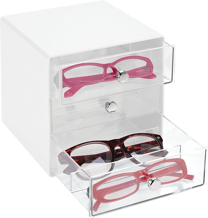 iDesign Divided 3-Drawer Stackable Organizer for Glasses, Sunglasses, and Readers - White/Clear