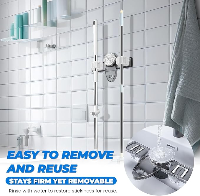 2 Pack Broom Holder Mop Hanger - Strong Suction Cup - No Drill Removable Broom Organizer Rack Wall Mount with Hooks for Bathroom Kitchen Garage, Clear Grey
