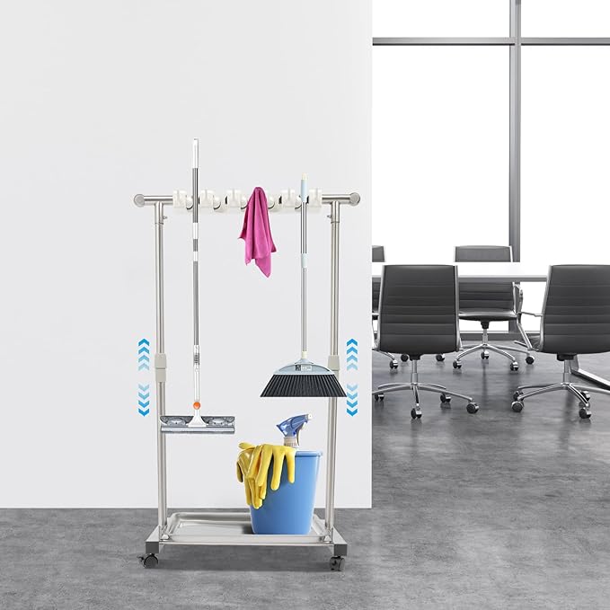 Broom Holder, Broom Rack Mop Rack Stand Cart, Stainless Steel Movable Floor Standing Cleaning Tool Rack, Cleaning Supplies Organizer for Schools, Hospitals, Factories, Hotels, Restaurant