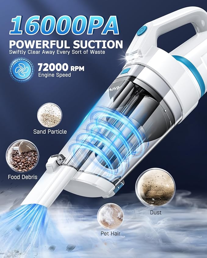 AHNR Handheld Vacuum Cordless, 16000PA Powerful Suction Hand Held Vacuum Dust Busters Cordless Rechargeable with LED Light & 2 HEPA Filters, Portable Car Vacuum Cleaner High Power for Car Home Office