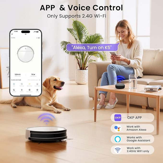 OKP Robot Vacuum Cleaner K5B, Super Thin, Powerful Suction, Cleaning Schedules, Self-Charging, Robotic Vacuums with Wi-Fi/App/Alexa Control, Ideal for Pet Hair Carpets Hard Floors