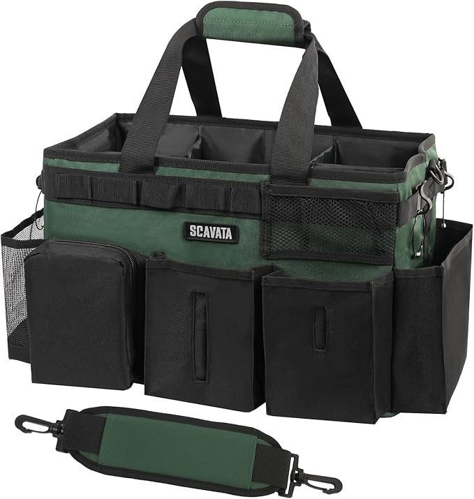 Wearable Cleaning Caddy Bag, Cleaning Caddy Supplies Organizer with Handle & Shoulder Straps for Housekeepers, Under Sink & Car Cleaning Tool Organizers with 4 Foldable Divider (TreeGreen)