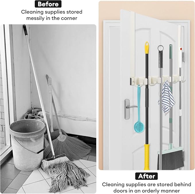 Over Door Movable Broom and Mop Hanging Holder with Sliding 4 Rack 5 Hook, Metal Mop and Broom Holder Wall Mount with 2 Over Door Hook, Door Mount Storage Organizer for Closet Garage Laundry, White