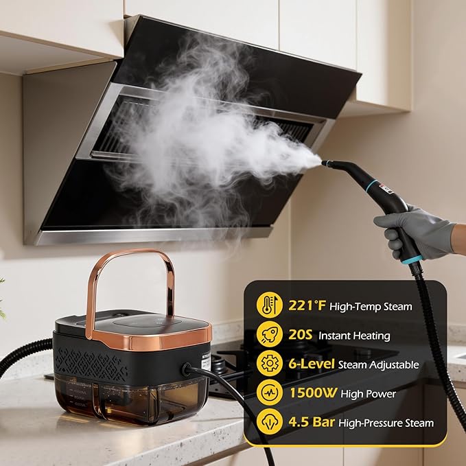 Dyna-Living Steam Cleaner 1500W Engine Steam Cleaner Handheld High Pressure Steam Cleaner for Cleaning, Car Steamer with 42.2 oz Tank, Portable Steamer for Car Detailing, Floor, Carpets, Tile