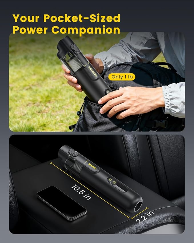 Mr.ego Car Vacuum Portable Cordless, 20000Pa Mini Vacuum Cleaner & Air Duster, 100,000 RPM Brushless Motor Handheld Vacuum with LED Light and Multi-Nozzles for Car, Home, Office, Pet (Black)