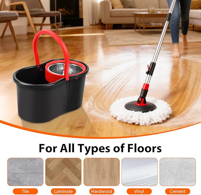 Spin Mop and Bucket with Wringer Set,360° Mop and Bucket System with One Microfiber Mop Refills and 50" Extended Handle for Floor Cleaning (Black)