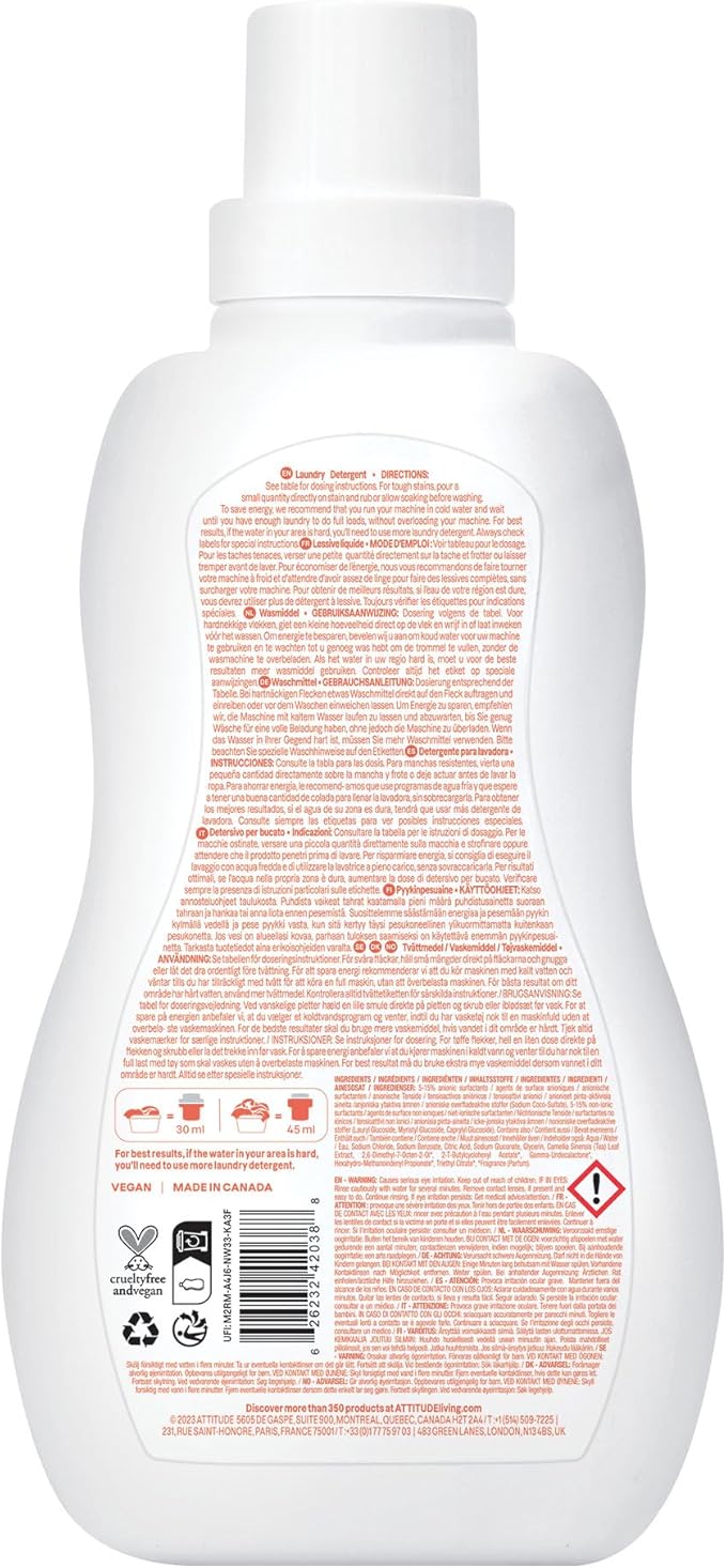 ATTITUDE Baby Laundry Detergent, EWG Verified, Plant and Mineral-Based Formula, HE Compatible, Vegan Household Products, Pear Nectar, 35 Loads, 35.5 Fl Oz