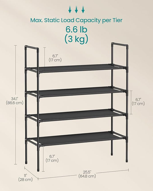 SONGMICS 4-Tier Shoe Rack, Shoe Storage for Hallway Closet, Slim and Space-Saving, Metal Frame, Non-Woven Fabric Shelves, Black ULSH044BH02