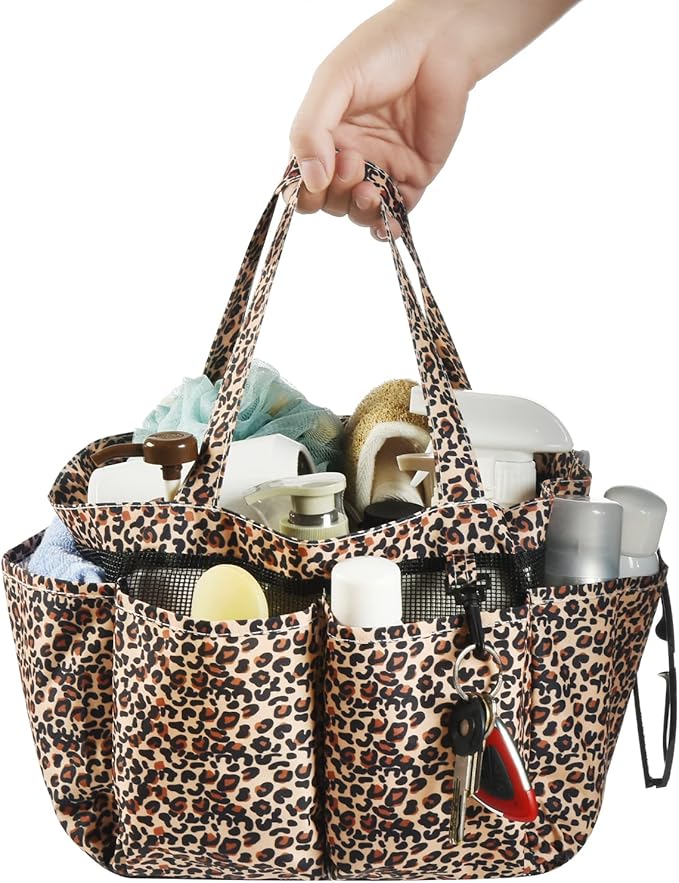 Haundry Mesh Shower Caddy Bag, Portable Basket Organizer with Key Hook for College Dorm Bathroom Camp Gym, Hanging Tote Bag with 8 Pockets, Lepoard