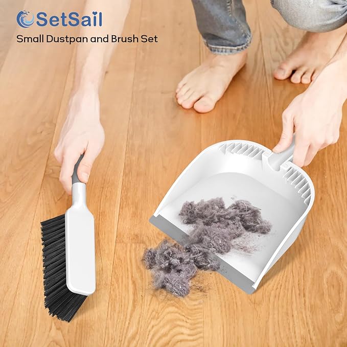SetSail Small Dustpan and Brush Set, Nesting Snap-On Handheld Broom and Dust Pan with Teeth Portable Broom and Dustpans Sets Suitable for Desktop, Pets Care, Sofa, Camping, White