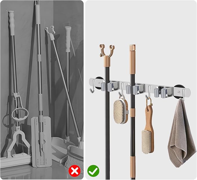 KIBBEH Heavy-Duty Magnetic Storage Rack for Brooms and Mops, Wall-Mounted Non-Slip Holder, Strong Magnetic Hooks for Hanging Tools