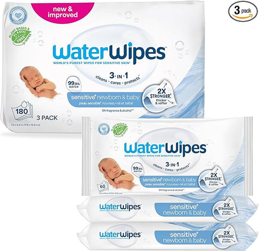 WaterWipes Sensitive+ Newborn & Baby Wipes, 3-In-1 Cleans, Cares, Protects, 99.9% Water, Unscented & Hypoallergenic, 180 Count (3 Packs)