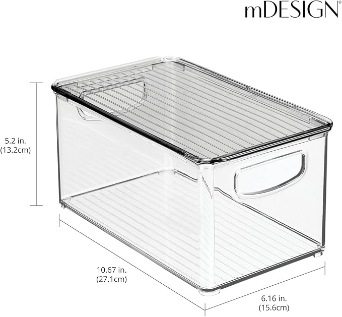 mDesign Deep Plastic Bathroom Storage Bin Box, Lid/Built-in Handles, Organization for Makeup, Hair Styling Tools, Toiletry Accessories in Cabinet, Shelves, Ligne Collection, 2 Pack, Clear/Smoke Gray