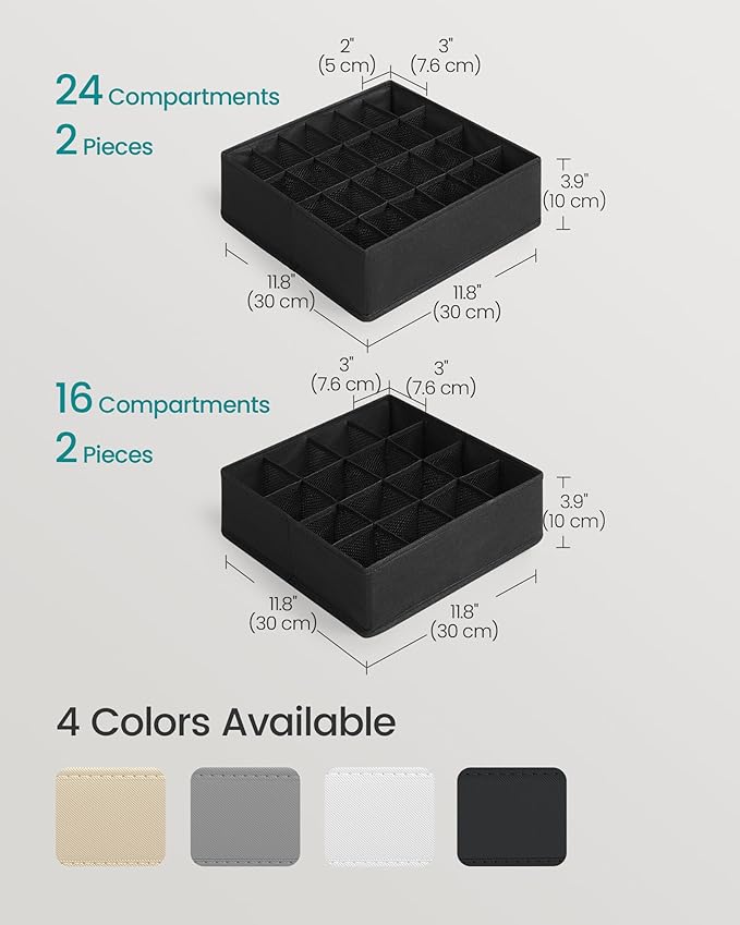 SONGMICS 4 Pack Drawer Organizers, 80 Cells (2x16+2x24), Foldable Dividers, 11.8 x 11.8 x 3.9 Inches, for Socks, Underwear, Ties, Belts, Ink Black URUS011B01