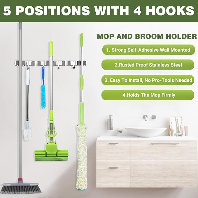 Broom Holder Wall Mount, Broom Organizer Wall Mount Stainless Steel Broom and Mop Hanger Heavy Duty Storage Organization for Home Kitchen Garden Garage Room 5 Racks 4 Hooks (1Pack)(Black Racks)