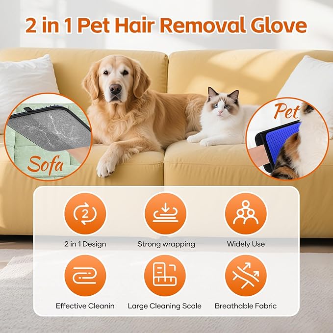 2 in 1 Pet Hair Removal Glove, Upgraded Pet Hair Remover Tool, Gentle Shedding Silicone Brushes for Dogs & Cats, Efficient Pet Hair Gloves for Couch Carpet Clothing (Blue)