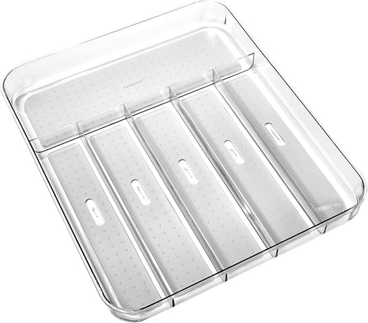 madesmart Premium Clear Silverware Tray, 6 Compartment Flatware Organizer for Forks, Knives & Spoons, Soft Grip Lining & Non Slip Base, Grey